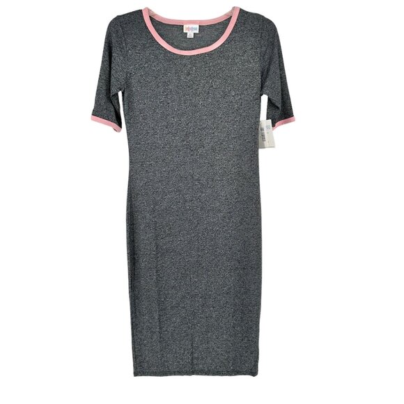 LuLaRoe Retired Julia Dress XS Heathered Gray w Pink Trim Neck SS Form Fit NWT - Picture 1 of 8